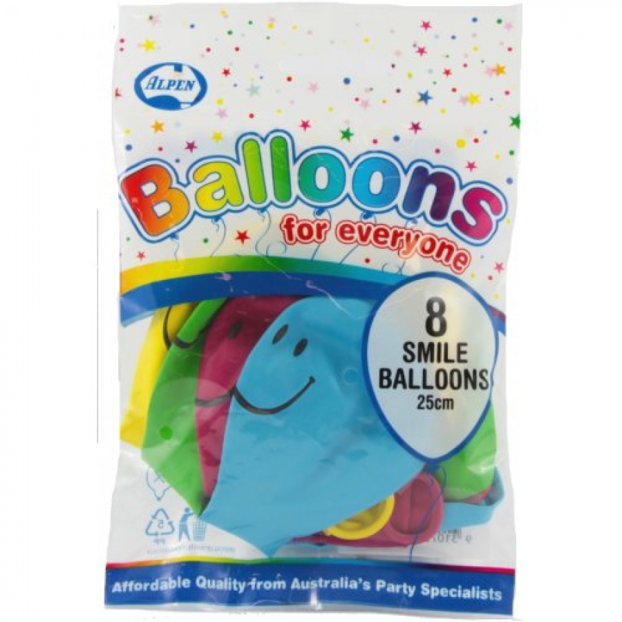 Alpen Balloons Printed Smile Balloons 25cm Mixed Colours 8 pack