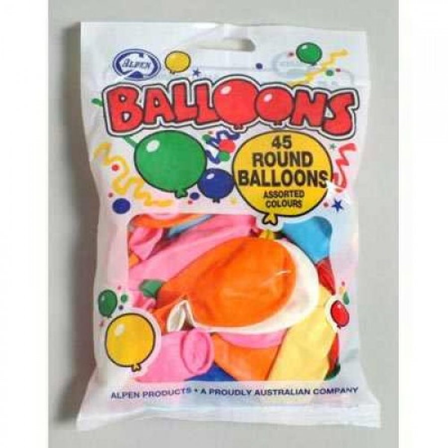 Alpen Balloons Round 23cm Mixed Colours 45 pack