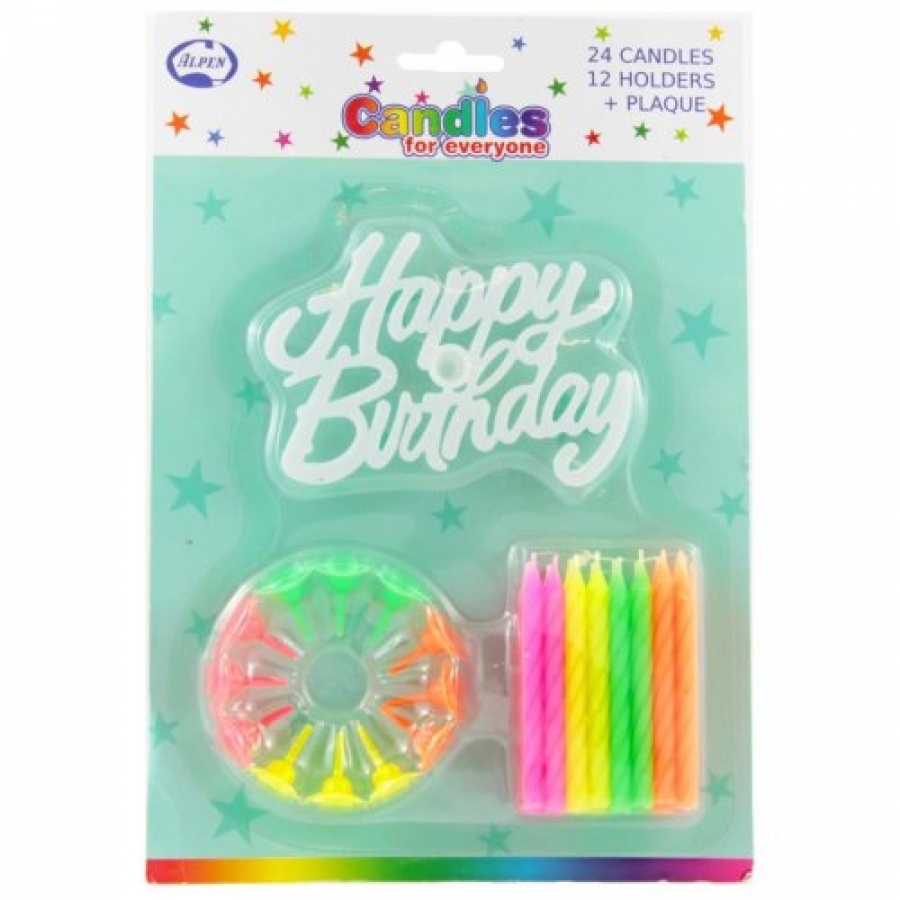 Alpen Candles Neon 24 & 12 holders & Happy Birthday Plaque 24 pack