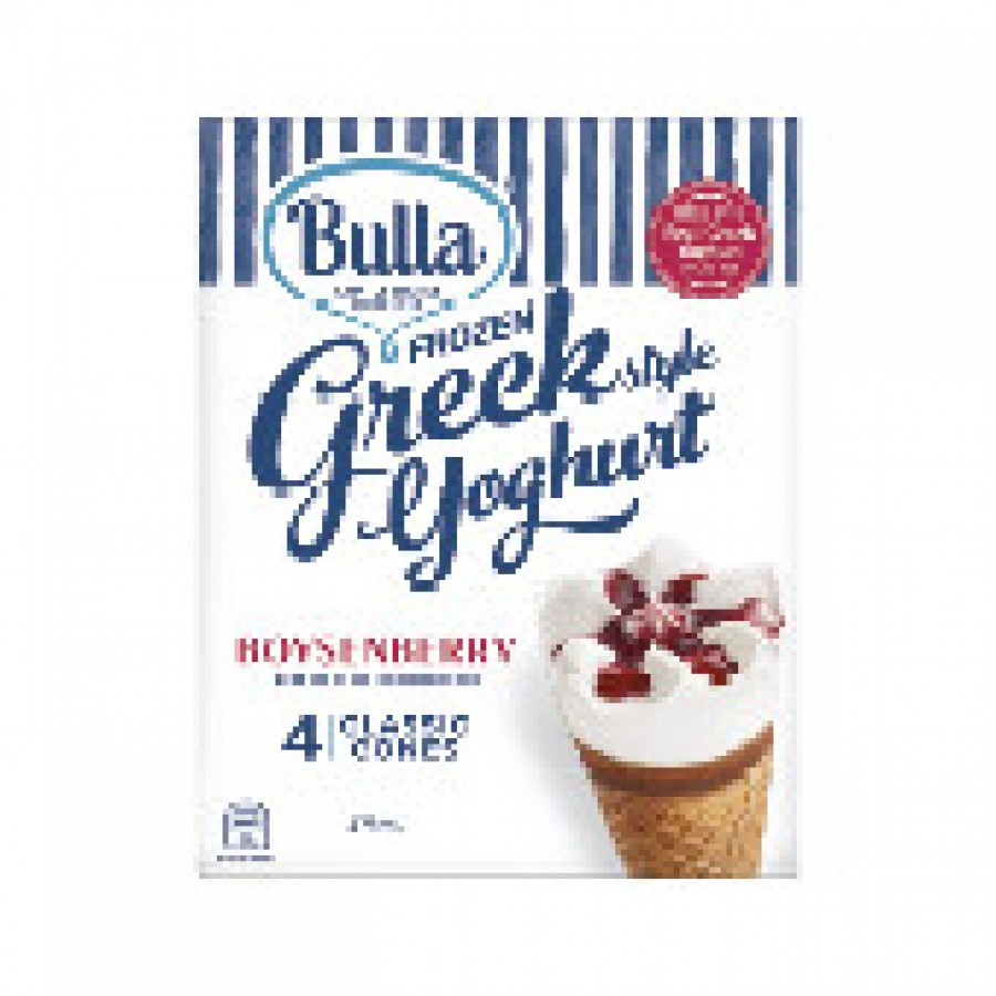 Bulla Frozen Greek Style Yoghurt Boysenberry Cones 475mL