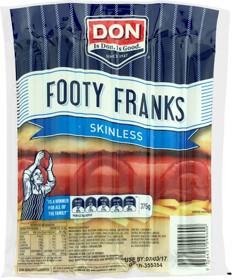 Don Skinless Footy Franks Frankfurts 375g