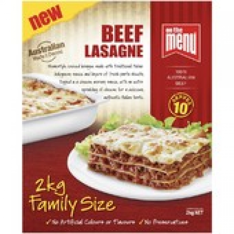 On The Menu Beef Lasagne Frozen Meal 2kg